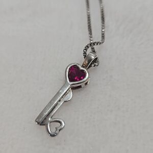 Sterling Silver Ruby Heart Key Pendant Necklace